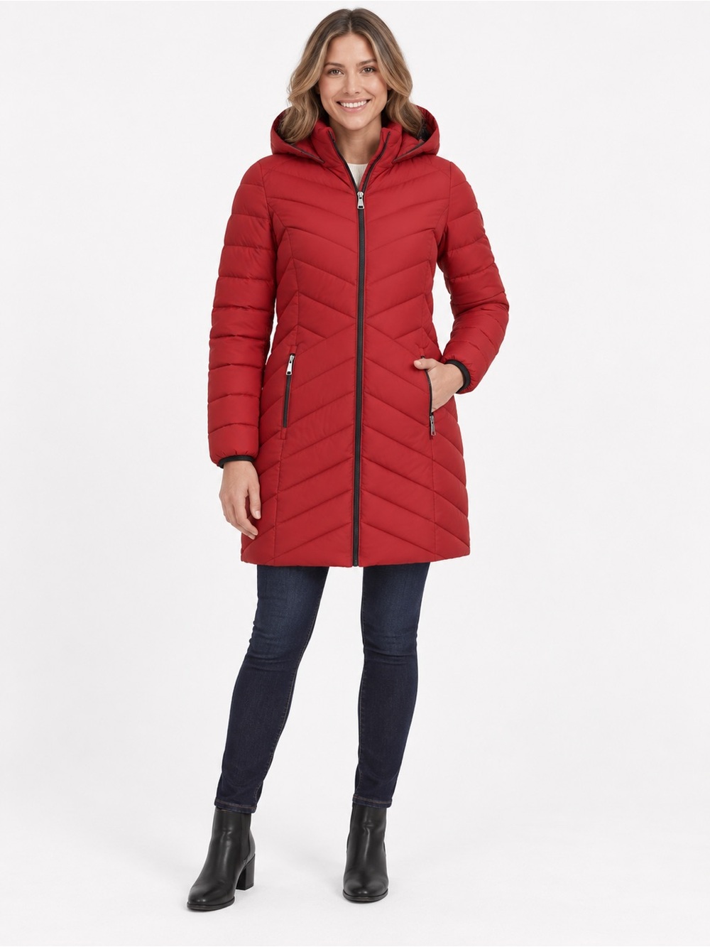 DKNY Red Hooded Chevron-Quilt Puffer Coat